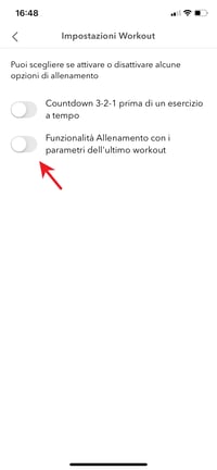 Funzionalità ultimo allenamento disattivata